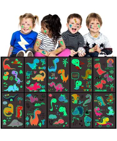 10 Sheets Luminous Dinosaur Temporary Tattoos for Kids  Glow Waterproo In The Dark Waterproof Fake Stickers for Boys and Girls Birthday Party Supplies  Stocking Stuffers 