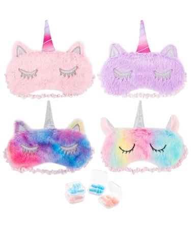 Whaline 4 Pieces Unicorn Sleeping Mask Eye Cover with 4 Pairs Ear Plugs Ice Cream Color Soft Plush Blindfold Cute Horn Eyeshade for Women Girls Home Travel Sleeping