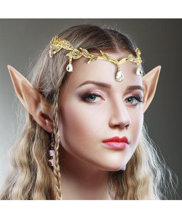 Hicarer Rhinestone Leaf Wedding Tiara Crown Headband for Brides - Gold Fairy Pixie Elf Ears - Ideal for Pageants, Prom & Cosplay - Buy Online on GoSupps.com