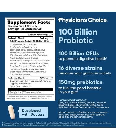 Physician's CHOICE 100 Billion Advanced Probiotic - 16 Strains + Organic Prebiotics - Digestive & Gut Health - Supports Occasional Constipation Diarrhea Gas & Bloating - Probiotics for Women & Men - Buy Online on GoSupps.com