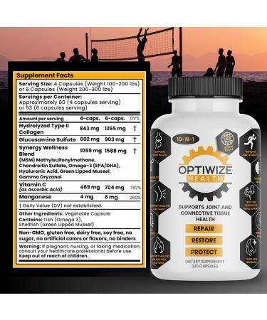 OptiWize 10-N-1 Joint Support Hydrolyzed Collagen MSM Hyaluronic Acid Glucosamine Chondroitin & More- Targets Joint Discomfort Improves Mobility & Flexibility 320 Caps for Men & Women Made in USA - Buy Online on GoSupps.com