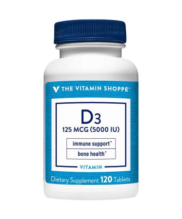 The Vitamin Shoppe Vitamin D3 5000IU Softgel Supports Bone & Immune Health Aids in Cellular Growth & Calcium Absorption Gluten Free & Once Daily Formula (120 Softgels)