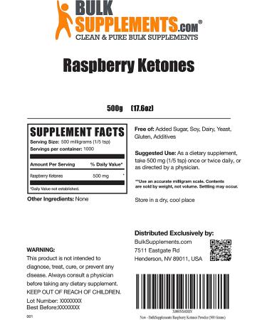 BulkSupplements.com Raspberry Ketones Powder - 500g Appetite Suppressant for Weight Loss - Buy Online on GoSupps.com