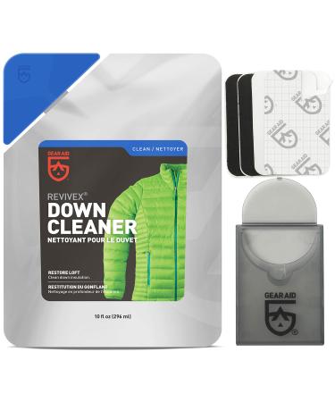 GEAR AID Revivex Down Care Kit for Jackets and Sleeping Bags, with Down Cleaner and Repair Patches, Clear, 10 oz cleaner, 1.5" x 2.5" patches