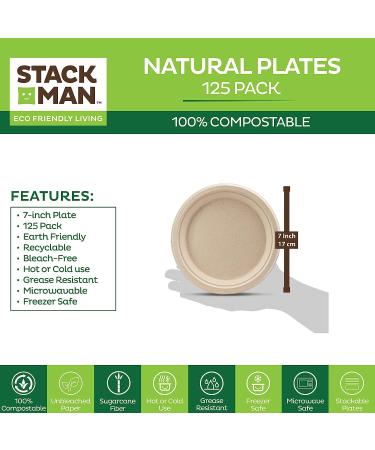 125-Pack 7 Inch Compostable Paper Plates | Eco-Friendly Bagasse Fibers | Biodegradable Brown Plate by Stack Man - Buy Online on GoSupps.com
