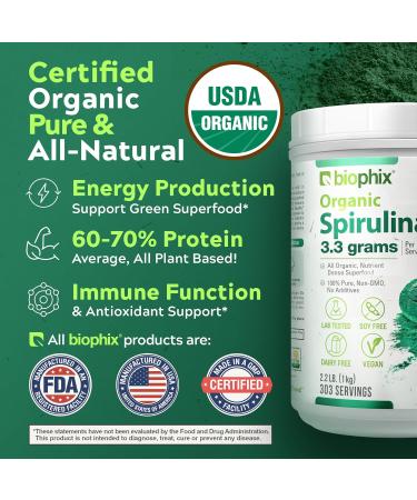 biophix Organic Spirulina Powder 2.2 Lbs 100% Pure Spirulina Blue Green Algae Powder Vegan Non GMO Non-Irradiated USDA Certified Best Protein Superfood - Buy Online on GoSupps.com