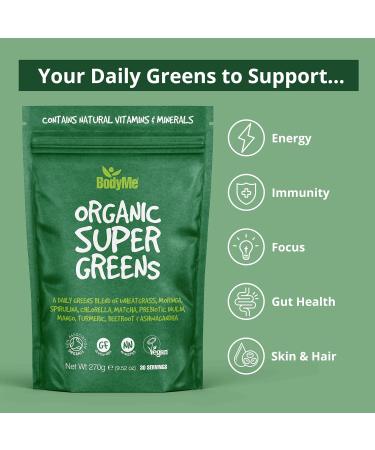 BodyMe Organic Vegetable Greens Powder | 270g | Super Greens Blend | With Wheatgrass Moringa Spirulina Chlorella Matcha Inulin Prebiotic Mango Turmeric Red Beetroot Ashwagandha - Buy Online on GoSupps.com