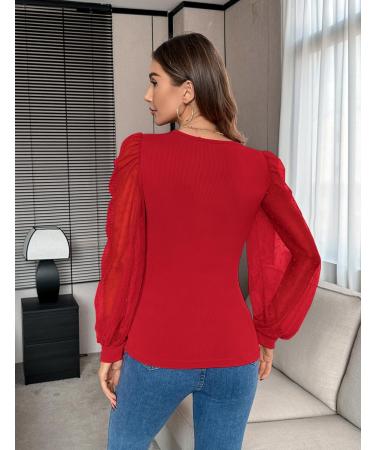 Fayenne Womens Tops Deep V Neck Cross Wrap Sexy Tops Polka Dot Mesh Long Sleeve T Shirt Casual Blouses M Red - Buy Online on GoSupps.com