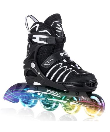 BOBICOM Adjustable Inline Skates with Full Light Up Wheels,Outdoor Illuminating Roller Skates for Kids and Adults, Girls and Boys, Men and Women Large - Youth & Adult Black