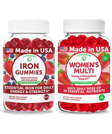 Lunakai USA Made Iron Gummies + Women s Multivitamin Gummies Bundle Naturally Flavored Non-GMO 60ct Each