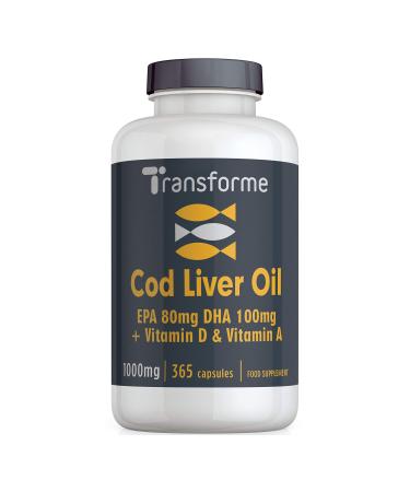 Transforme Cod Liver Oil Capsules 1000mg 365 High Strength Omega 3 Softgels EPA DHA Vitamins A & D3 Full Year Supply Gluten Free 3 Count (Pack of 1)