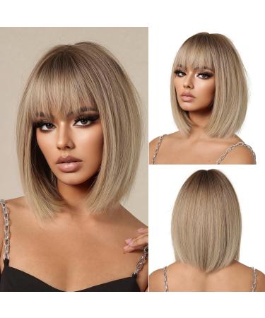 OUFEI Ombre Blonde Bob Wig With Bangs Short Straight Wig For Women Synthetic Hair Wigs for Daily Party Cosplay Wear Ombre blonde straight bob