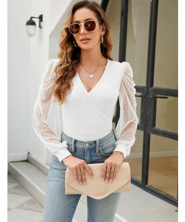 Fayenne Womens Tops Deep V Neck Cross Wrap Sexy Tops Polka Dot Mesh Long Sleeve T Shirt Casual Blouses M White - Buy Online on GoSupps.com