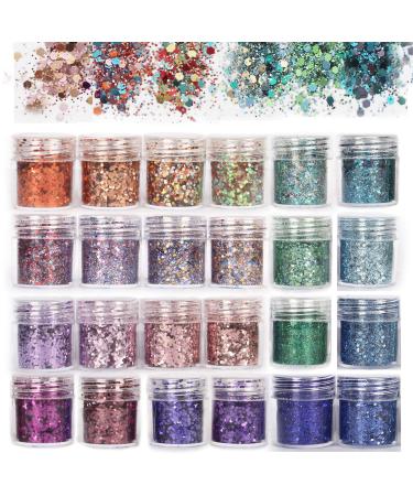 TEUVO Holographic Face Glitter for Body Eyes and Lips Chunky Cosmetic Glitter for Hair Decoration Nail Art and DIY 24 Mixed Colors