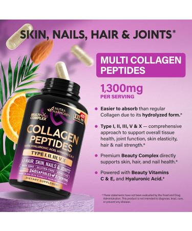 Multi Collagen Peptides - Hydrolyzed Types I, II, III, V & X - Collagen Supplement for Women 1300mg - w/ Hyaluronic Acid, Vitamins C & E - Skin, Hair, Nails & Joint Support - Made in USA, 240 Capsules 240 Count (Pack of 1) - Buy Online on GoSupps.com
