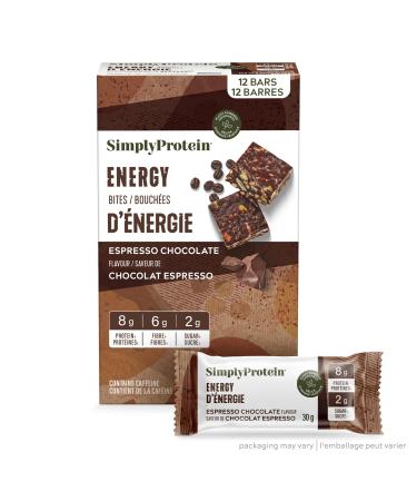 Simply Protein - Espresso Chocolate Energy Bites 12 Bars - Plant Based Caffeinated Squares - 55mg Caffeine - Energy Boost - 8g Protein 2g Sugar 6g Fibre 120 Calories - Vegan Gluten Free Non GMO Espresso Chocolate 360 g (Pack of 1)