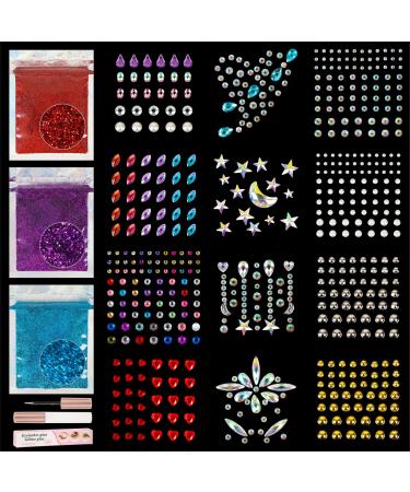 12 Sheets Face Jewels Body Gems Rhinestone Stickers 24g Fine Glitter 1Pc Makeup Glue for Festivals and Parties