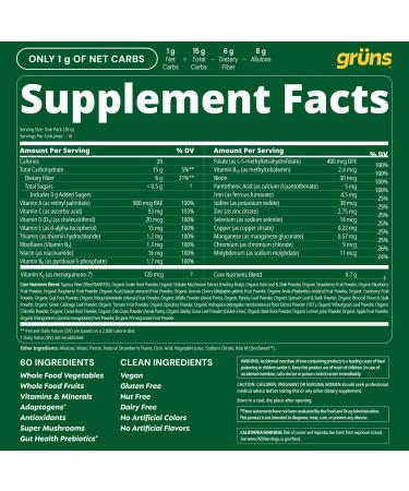 Gruns Sugar-Free Super Greens Gummies, Multivitamin Superfood Gummy Bears, Spirulina, Chlorella, Prebiotics & Fiber gummies for Digestive Health, Adaptogens Supplement, 20 Vitamins & Minerals, 10 pack - Buy Online on GoSupps.com