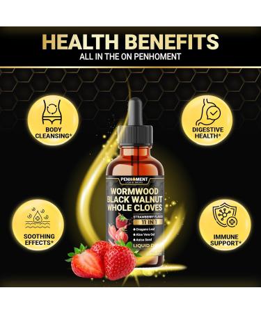 Penhoment 11in1 Wormwood Liquid Drops - Black Walnut Wormwood Liquid Extract with Whole Cloves, Reishi, Peppermint, Oregano, Aloe Vera, Anise Seed - 2 FL OZ - 60 Days Supply - Strawberry Flavor - Buy Online on GoSupps.com