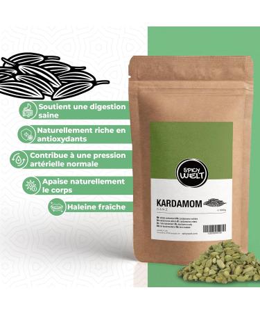 Spicy Welt Cardamome Verte Enti re (100g) Gousses de Cardamome (Elettaria Cardamomum) | Pour Th Cha Riz Curry & P tisserie | Saveur Fra che & Menthol e | 100% Naturel Sans Additifs - Buy Online on GoSupps.com