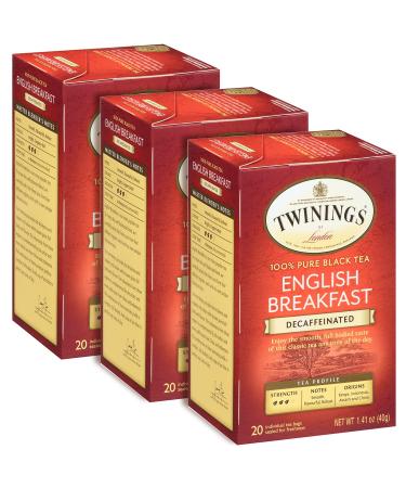 Twinings of London Decaffeinated English Breakfast 20 Count Tea Bags 1.41 oz. Box (Pack of 3 - 60 Bags Total)