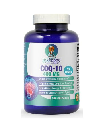 CoQ10 - Co-Enzyme Q10-400 mg per 2 Caps Serving - 200 Veg. Caps - Excellent Price - Non-GMO - 100 Day Supply Heart & Brain & Cell Supplement by Foxxy Doc