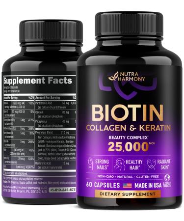 Biotin Vitamins with Collagen & Keratin - Hair Growth Supplement for Women & Men - 25000 mcg Pills - Made in USA - B1,B2,B3,B6,B7 Complex - Healthy Nails & Skin - As Liquid, Drops, Oil - 60 Capsules