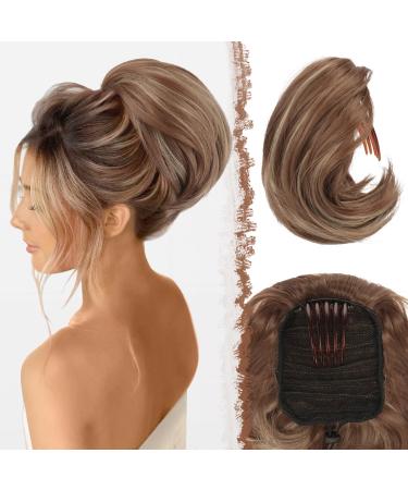 Feshfen hair part dutt with COMB short hair part horse tail haardutt chignon synthetic hair parts artificial hair dutt extensions with comb cord strain for women brown mix blonde