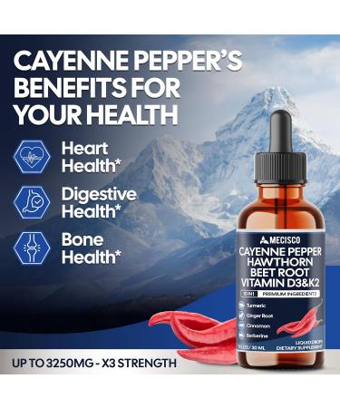 Cayenne Pepper Liquid Drops with Vitamin D3 Vitamin K2 Hawthorn Berry Beet Root Ginger Ceylon Cinnamon Turmeric Berberine - Digestion Support - 30ml - 60 Day Supply - Buy Online on GoSupps.com