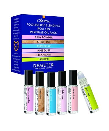 DEMETER Fragrance Library - Classic Six Piece Roll On Perfume Oil Set Baby Powder Kitten Fur Pure Soap Pixie Dust Clean Skin Jasmine