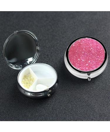 Sparkling Pink Glitter Pill Box Portable Small Pill Case 3 Compartment Metal Pill Vitamins Holder Organizer Cute Travel Pillbox for Purse Pocket
