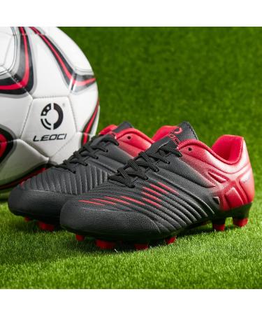 LEOCI Soccer Shoes for Kids - Firm Ground Football Boots for Boys & Girls | Size 32 EU | Black & Red - Buy Online on GoSupps.com