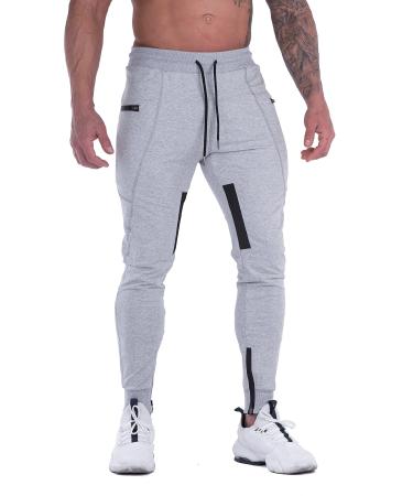FIRSTGYM Mens Joggers Sweatpants Slim Fit Workout Training Thigh Mesh Gym Jogger Pants with Zipper Pockets Light Grey Large