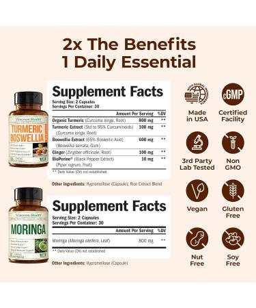 Boswellia Turmeric Curcumin Supplement + Moringa Capsules Bundle Supports Joint Health Balanced Energy & Healthy Metabolism with Ginger Root Organic Turmeric Powder and 100% Pure Moringa Powder - Buy Online on GoSupps.com