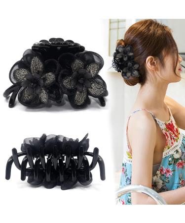 Big Hair Claw Banana Clips with Flower Strong Hold Hair Grip Nonslip Hairpins Hairgrip for Women and Girls Hair Barrettes For Thick Hair (Black)