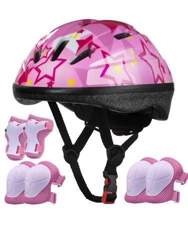 Lamsion Kids Helmet Adjustable for Kids Ages 3-8 Years Old Boys Girls, Toddler Helmet with Protective Sports Gear Set Knee Elbow Pads Wrist Guards for Cycling Skateboard Scooter Pink