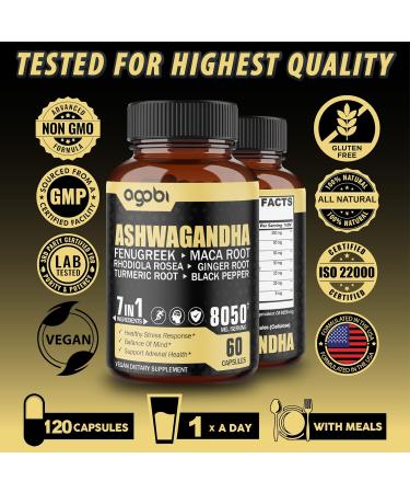 2 Packs 60 Capsules - 8050mg Ashwagandha Extract Supplement - 7in1 Immune & Energy Support - With Fenugreek, Maca, Turmeric, Rhodiola & More - 4 Month Supply - 120 Capsules - Buy Online on GoSupps.com