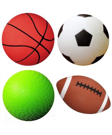 AppleRound Pack of 4 Sports Balls with 1 Pump: 1 Each of 5" Soccer Ball, 5" Basketball, 5" Playground Ball, and 6.5" Football (4 Balls and 1 Pump)