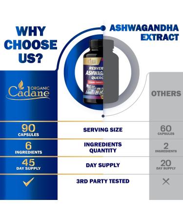 Organic Cadane Ashwagandha Supplements - Support Memory Immune Energy Production - 6 Premium Ingredients - Resveratrol Quercetin Berberine Turmeric Rhodiola Rosea - 90 Extract Capsules - Buy Online on GoSupps.com
