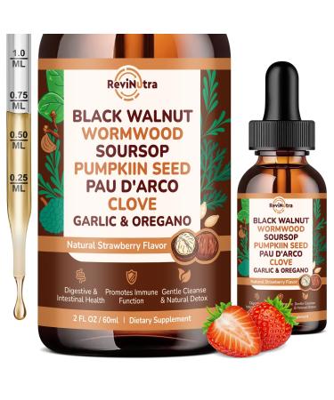 ReviNutra 16 in 1 Wormwood Black Walnut Clove Cleanse for Humans Liquid Drops with Soursop Oil of Oregano Pumpkin Seed PAU D arco Garlic for Gut Cleanse & Digestive Health, Strawberry Flavor 2 Fl Oz