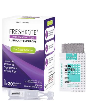 FRESHKOTE Preservative Free Lubricant Eye Drops 30 Single Use Vials Artificial Tears for Dry Eye Relief, Bundled with 1 Reusable Anti Fog Cloth for Eyeglasses