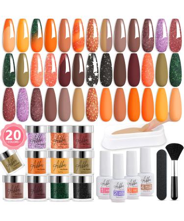 Aikker 27 Pcs Dip Powder Nail Kit 20 Colours Autumn Orange Brown Glitter Purple Green Fall Season Christmas Dipping Powder Starter Set with Base Top Coat Activator Dip Recycling Box Manicure DIY AK40 Hot Desert-AK40