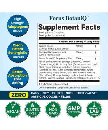 FocusBotaniQ Ginkgo Biloba Turmeric Bacopa Brain Supplement - Memory Mood & Focus Support - 10 in 1 Superfood Herbal Cognitive Complex for Concentration Energy & Brain Booster - 60 Vegan Capsule - Buy Online on GoSupps.com