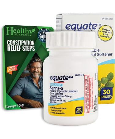 Equate Senna-S Natural Laxative & Stool Softener - 30 Tablets Bundle with Vital Volumes Constipation Tips Card - Effective Relief for International Shipping - Buy Online on GoSupps.com