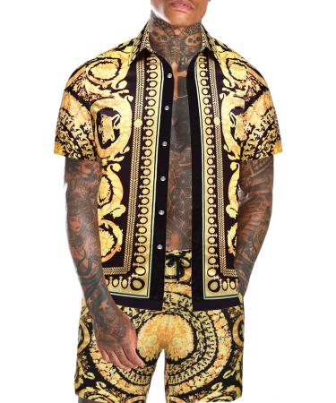 Daupanzees Men's Luxury Casual Button Down Short Sleeve Hawaiian Shirt Suits Gold X-Large