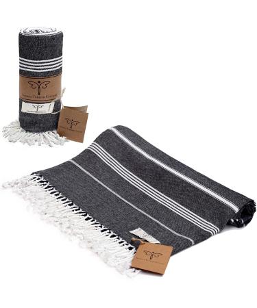 SMYRNA TURKISH COTTON Classical Series Beach Towel | 71 x 37 in 100% Cotton | Extra Large Wearable Turkish Bath Towel | Made in Turkey | No Shrink | Premium Luxury Striped Linen - Black