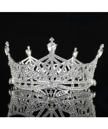 Miss America Crown Clear Austrian Rhinestone Crystal Hair Tiara Beauty Queen Princess Hair Jewelry Round Crown Pageant T1299 (Silver-Tone)