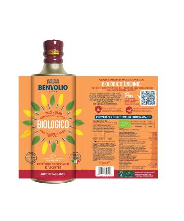 Organic High Oleic Sunflower Oil - 100% Italian - Benvolio 1938 - Rich in Vitamin E - 500ml Metal Bottle - Perfect for Frying - Premium Organic Cooking Oil - Buy Online on GoSupps.com
