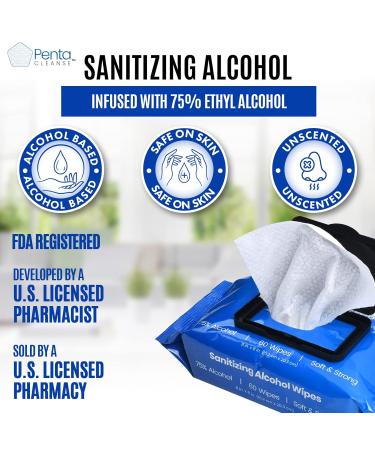PentaCleanse Advanced 75% Alcohol Hand Wipes - FDA Registered Pharmacist Developed | 6x8 Inch, 4 Pack (240 Wipes) | Sanitizing Cleaning Moisture Seal Package - Buy Online on GoSupps.com