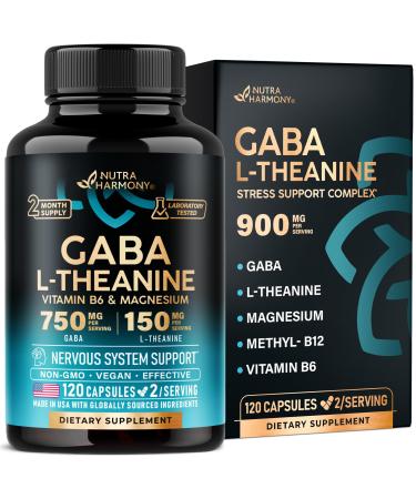 GABA L-Theanine 900 mg - Made in USA - Magnesium | Vitamin B6 - Calm Sleep Relaxation & Mood Support - 750 mg Gamma AminoButyric Acid 150 mg L-Theanine - Non-Habit Forming Vegan - 120 Capsules 120 Count (Pack of 1)